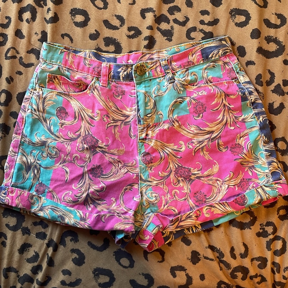 BDG Womens Paisley Print Cuffed Jean Shorts Casual 5-Pocket Pink Green Cotton